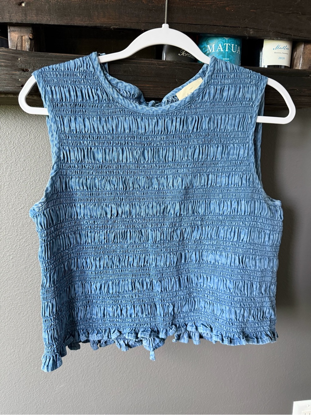 Sézane Smocked Sleeveless Blue Cropped Tank Top